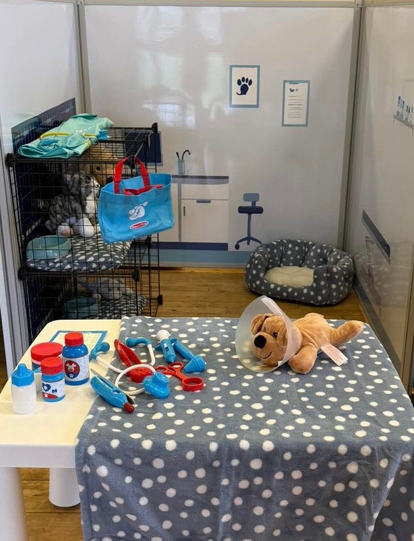 The Toddler Town vets room with toy animals and medical equipment